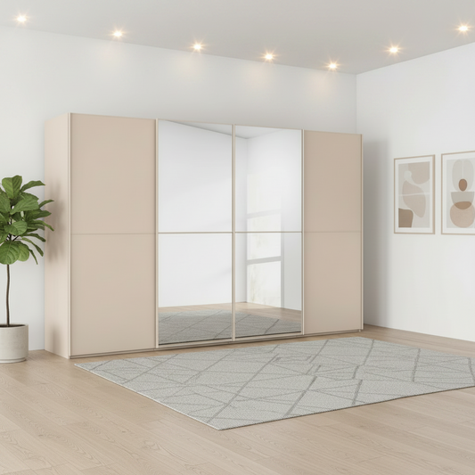 A modern Rauch Supreme Duo Champagne Sliding 4 Door Wardrobe with Mirror