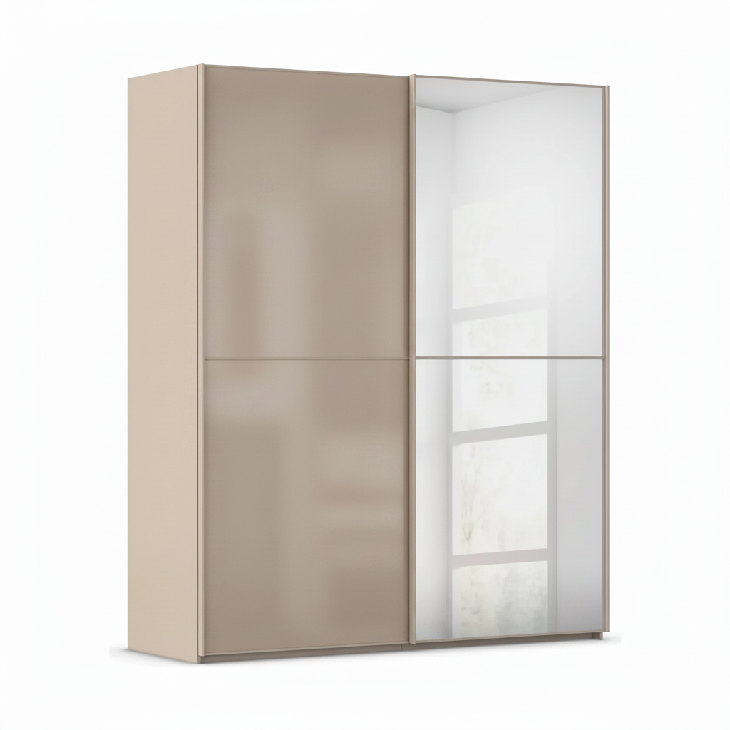 Rauch Supreme Duo sliding wardrobe in Fango with a mirrored right door and fango glass left door
