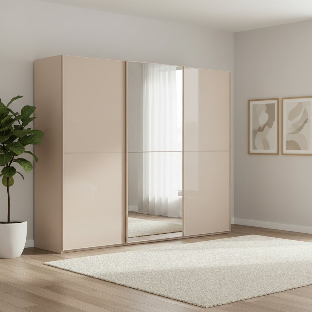 German-made Rauch Supreme Duo 3 door sliding wardrobe in Fango beige-taupe with mirrored centre door. 240–300cm widths. Free UK delivery and assembly.
