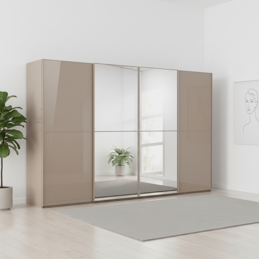 Rauch Supreme Duo four door sliding wardrobe in Fango glass with two mirrored centre doors
