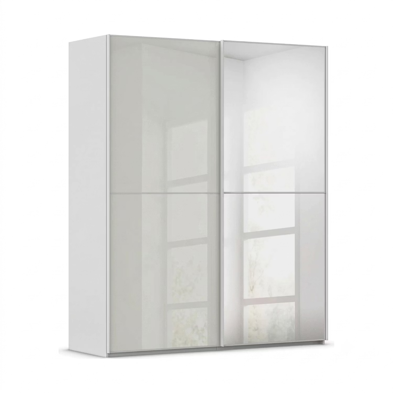 A modern Silk Grey Glass Rauch Supreme Duo wardrobe or tall storage cabinet with two sliding doors, 1 With Mirror Door