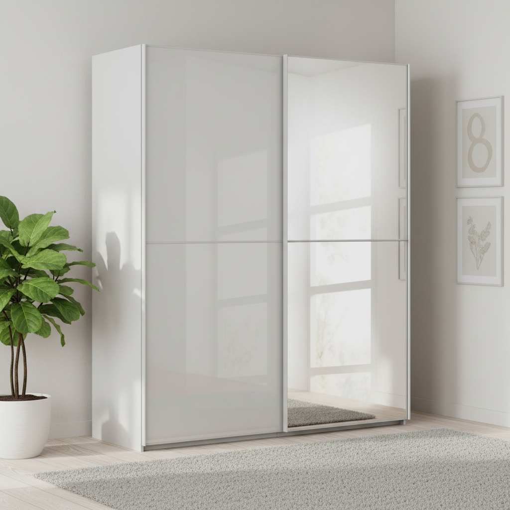 Rauch Supreme Duo sliding wardrobe in Silk Grey glass with a mirrored right door and silk grey glass left door

