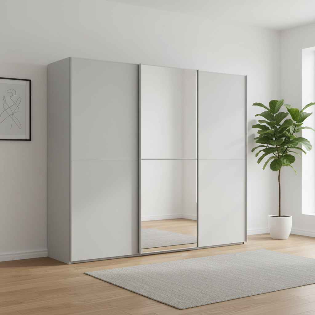German-made Rauch Supreme Duo 3 door sliding wardrobe in Silk Grey with mirrored centre door. 240–300cm widths. Free UK delivery and assembly.
