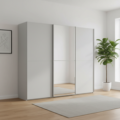 German-made Rauch Supreme Duo 3 door sliding wardrobe in Silk Grey with mirrored centre door. 240–300cm widths. Free UK delivery and assembly.
