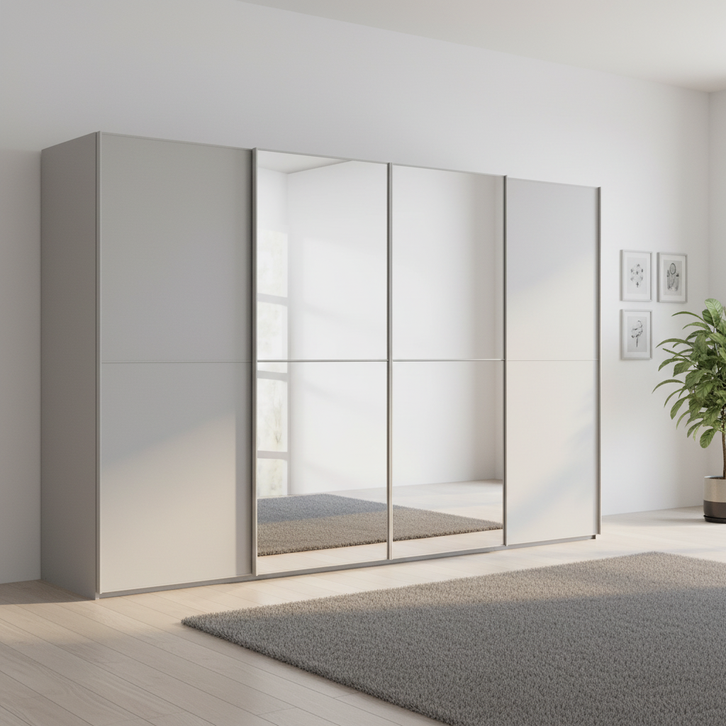 Rauch Supreme Duo four door sliding wardrobe in Silk Grey with two mirrored centre doors
