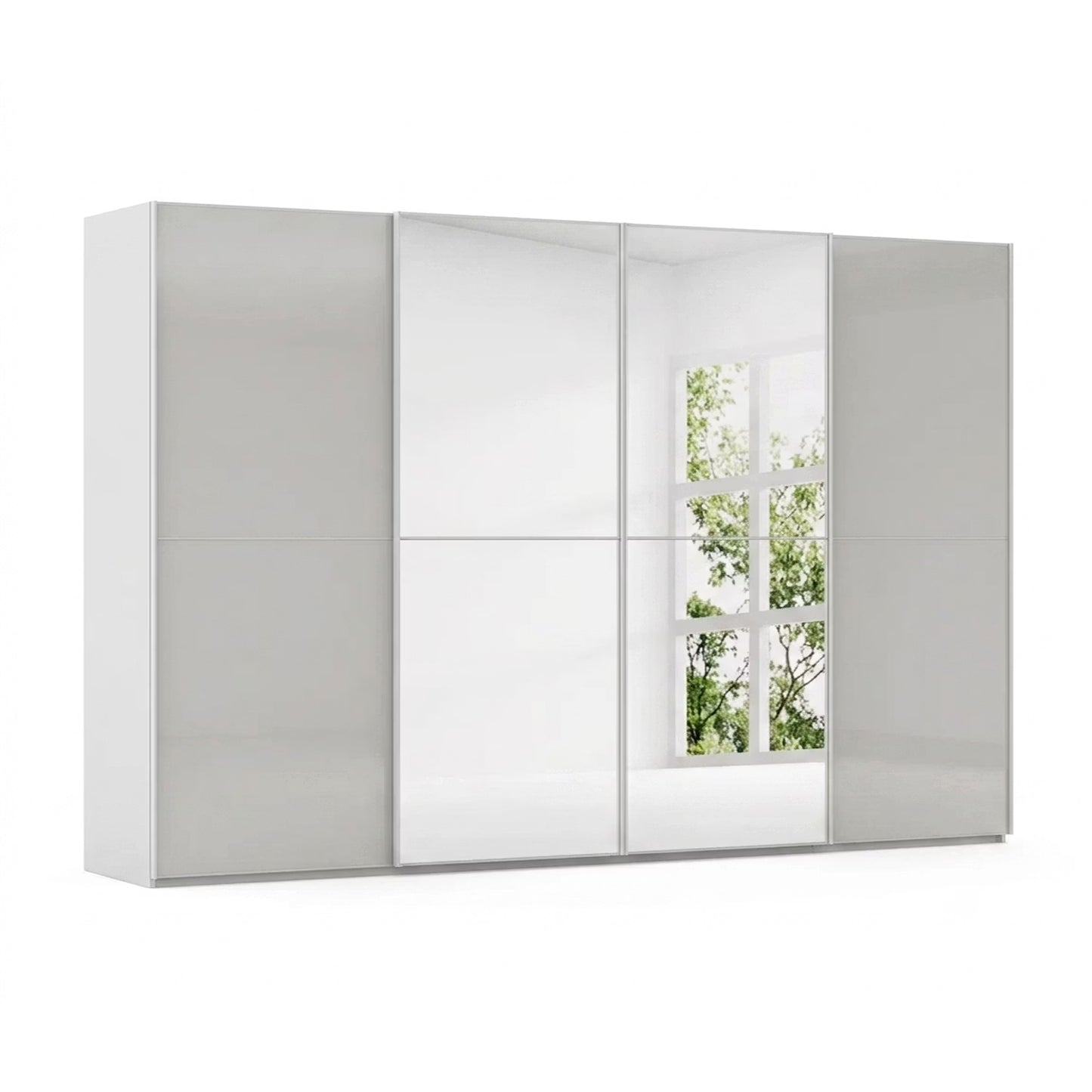 German-made Rauch Supreme Duo 4 door sliding wardrobe in Silk Grey with synchronised mirrored centre doors. 320–400cm widths. Free UK delivery and assembly.

