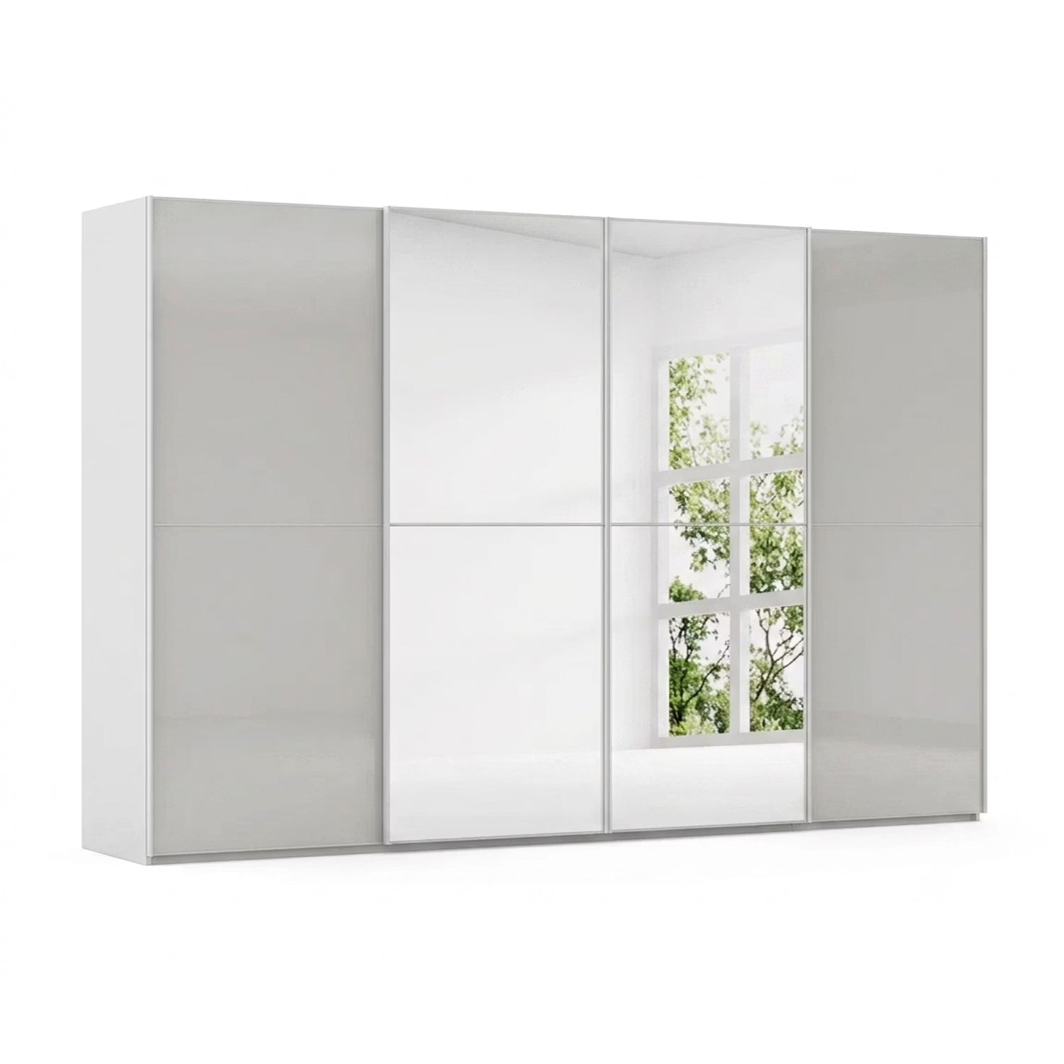 German-made Rauch Supreme Duo 4 door sliding wardrobe in Silk Grey with synchronised mirrored centre doors. 320–400cm widths. Free UK delivery and assembly.
