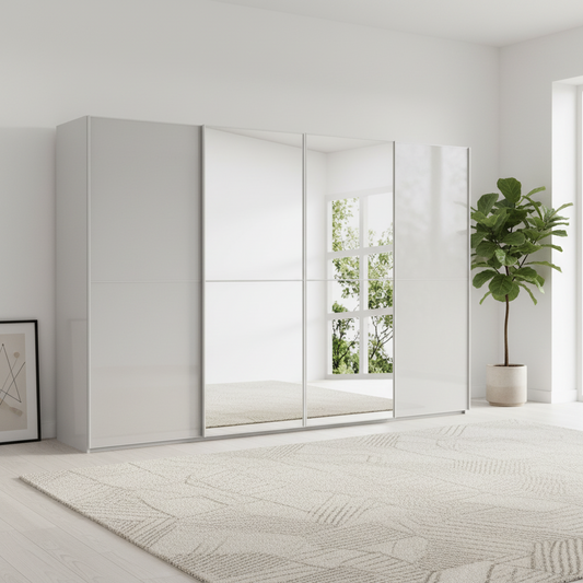 Rauch Supreme Duo four door sliding wardrobe in Silk Grey Glass with two mirrored centre doors
