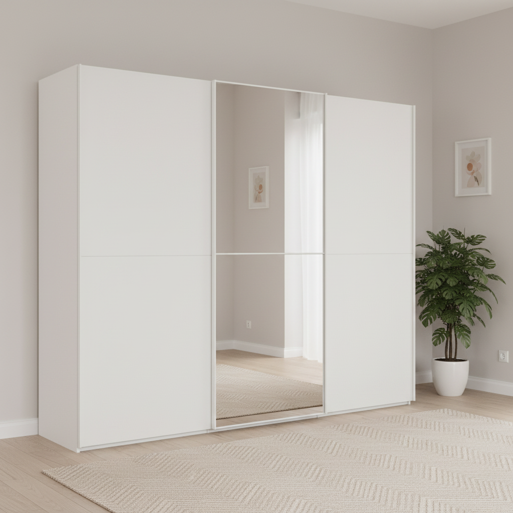 Rauch Supreme Duo White 3 Door Sliding Wardrobe with Middle Mirror Door, Width 240, 260 and 300cm