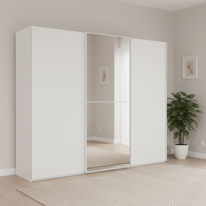 Rauch Supreme Duo White 3 Door Sliding Wardrobe with Middle Mirror Door, Width 240, 260 and 300cm