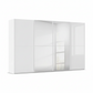 A modern Rauch Supreme DUO four-door wardrobe or closet cabinet in glossy glass white, featuring two solid side doors and two mirrored sliding doors, shown on a plain white background.