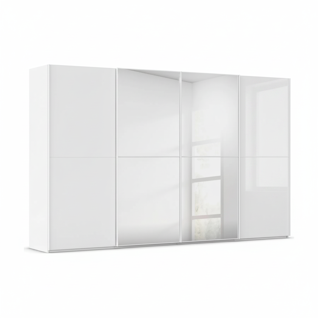 A modern Rauch Supreme DUO four-door wardrobe or closet cabinet in glossy glass white, featuring two solid side doors and two mirrored sliding doors, shown on a plain white background.
