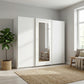 White wardrobe with mirror on middle door in a room with LED Light