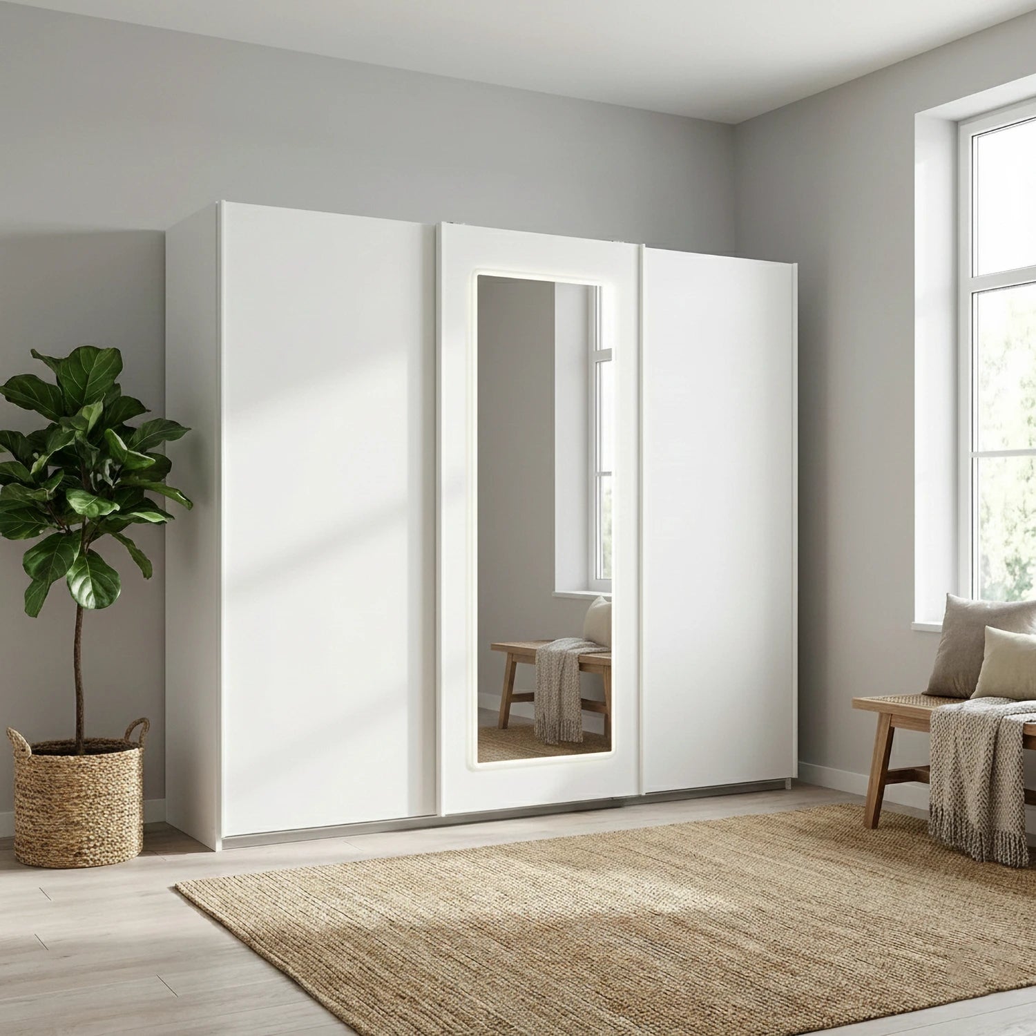 White wardrobe with mirror on middle door in a room with LED Light