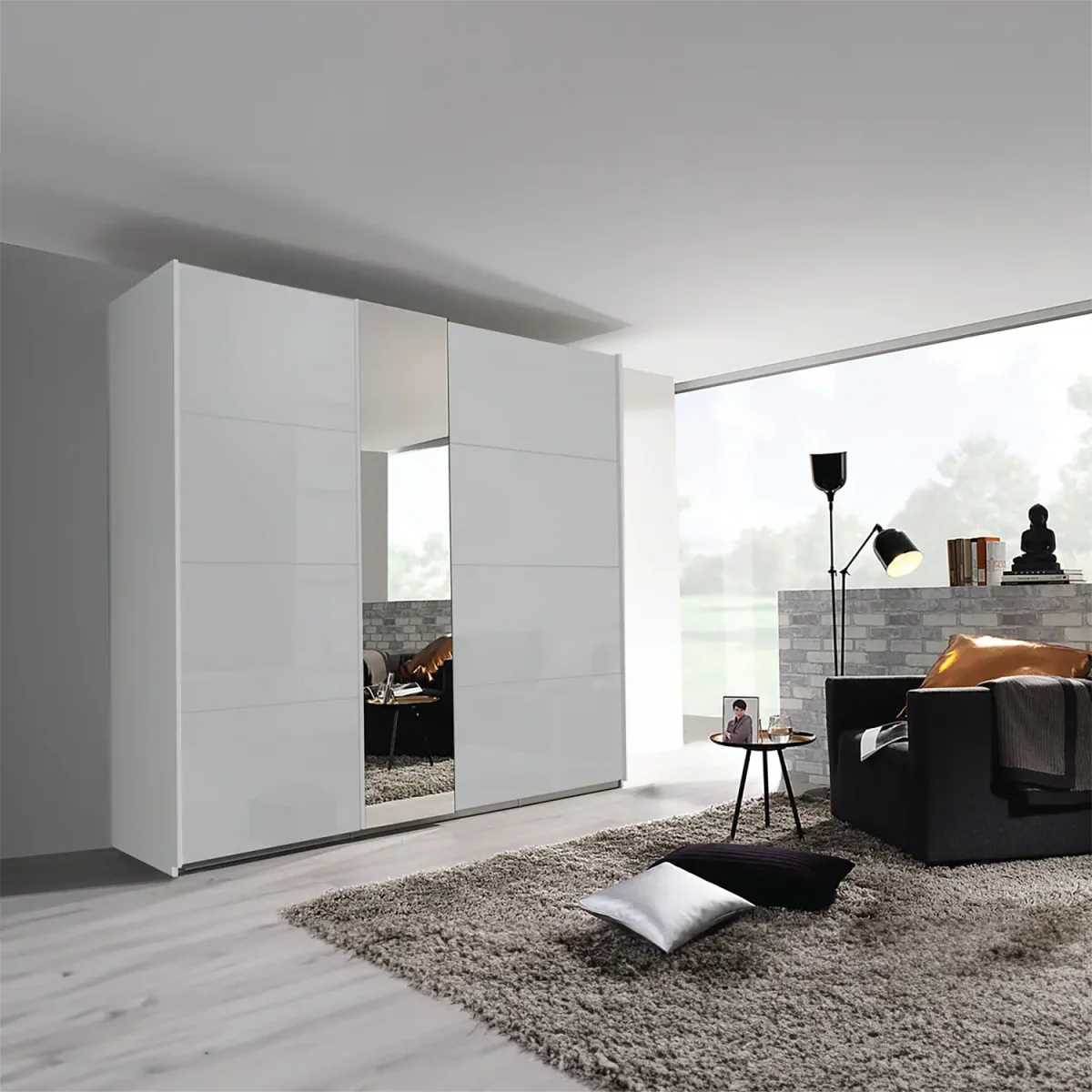 Rauch Silk Grey Perth Sliding Door Wardrobe With Mirror - Styled in a Bedroom