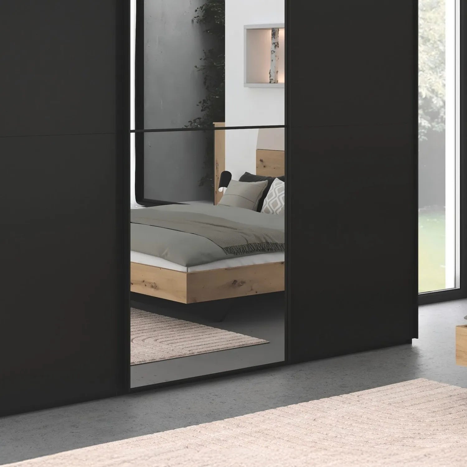 Supreme Duo Black Glass & Mirror 3 Door Sliding Door Wardrobe closeup