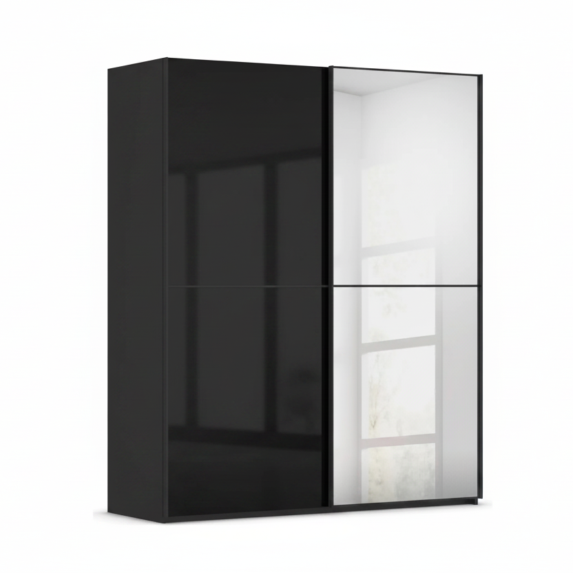A modern Rauch Supreme DUO Graphite Sliding Door wardrobe or cabinet with a glossy black left door and two frosted white glass right doors, shown on a plain white background.