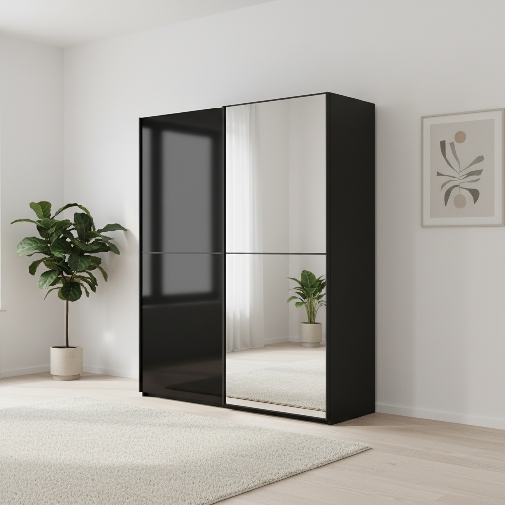 A modern Rauch Scale Supreme DUO black wardrobe with one solid glass door and one mirrored door, shown in a bright, minimalist room with a potted plant, rug, and framed wall art.
