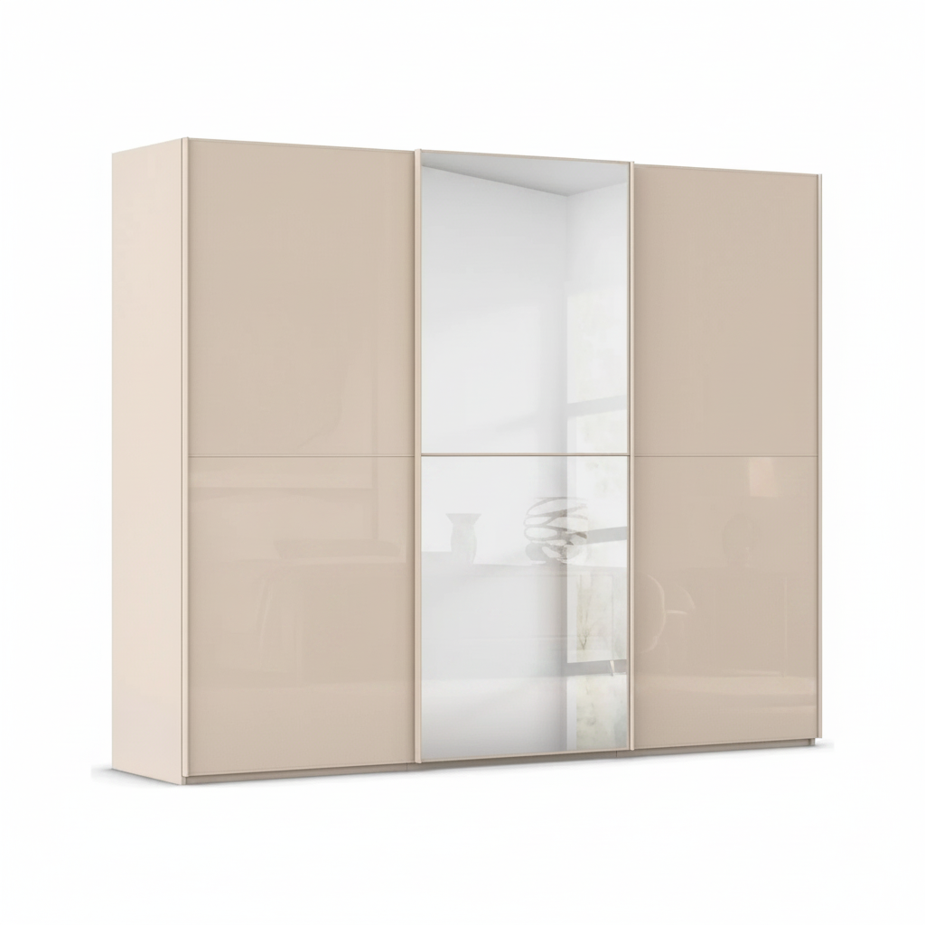 A modern three-door Rauch Sacale Supreme Duo wardrobe with two Champagne Glass doors and one central mirrored door, shown on a plain white background.