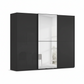 A modern three-door rauch scale supreme Duo wardrobe or cabinet in glossy black, featuring three sliding doors with a central Mirror panel door showing a bright interior reflection.