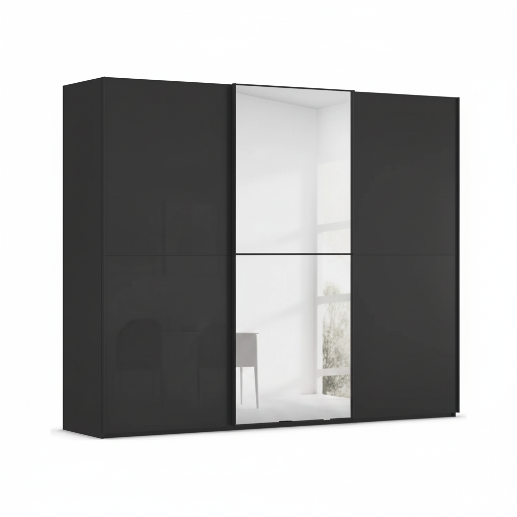 A modern three-door rauch scale supreme Duo wardrobe or cabinet in glossy black, featuring three sliding doors with a central Mirror panel door showing a bright interior reflection.