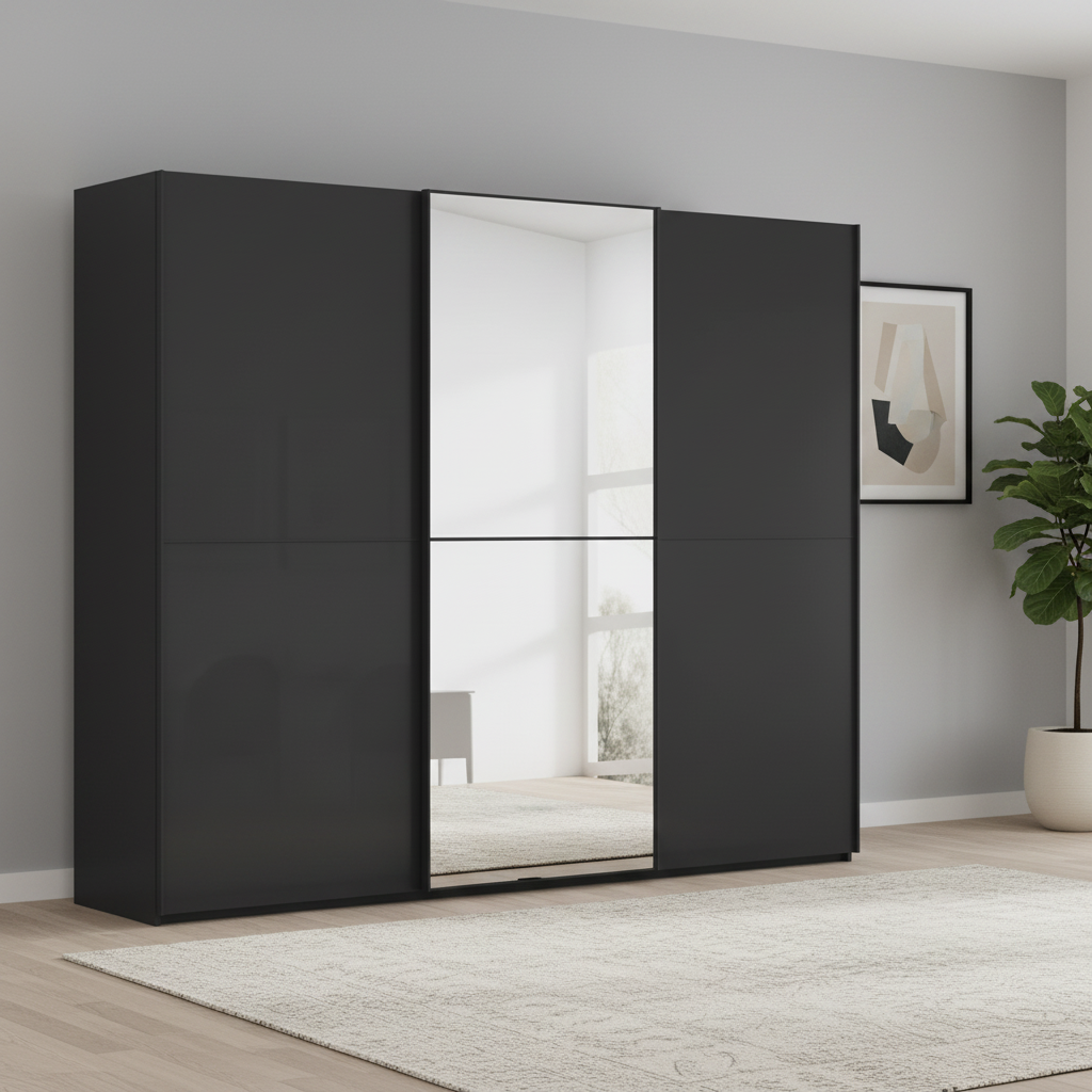 A modern Rauch black Supreme Duo sliding wardrobe with three doors and mirrored centre door, shown in a minimalist room setting with a light rug, wall art, and a potted plant.