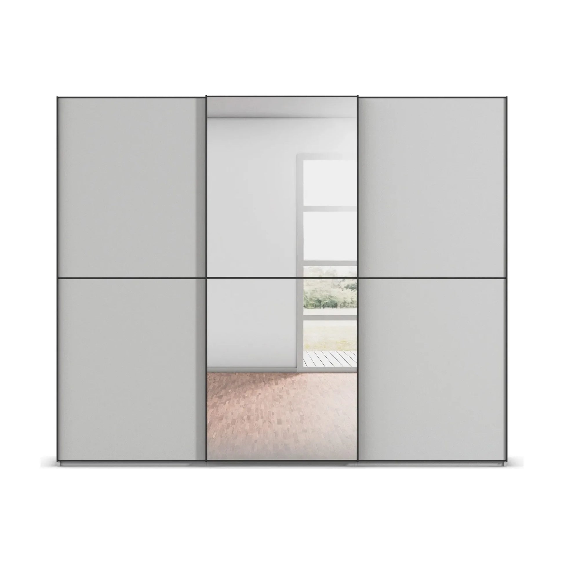 Front View of Supreme Duo Silk Grey 3 Door Sliding Wardrobe with Mirror with Black Trims and Door Handles by Rauch Made in Germany