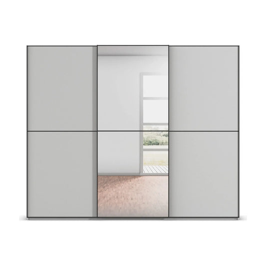 Front View of Supreme Duo Silk Grey 3 Door Sliding Wardrobe with Mirror with Black Trims and Door Handles by Rauch Made in Germany