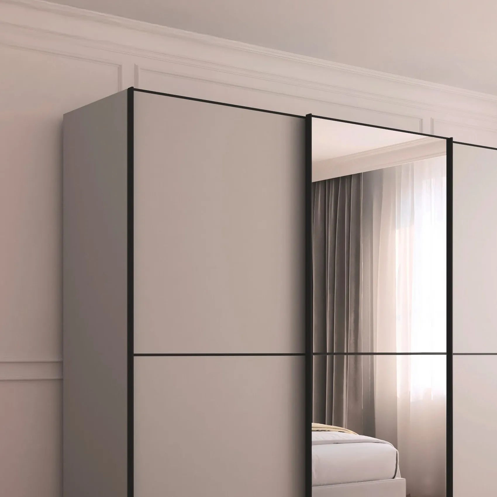 Supreme Duo Silk Grey 3 Door Sliding Wardrobe with Mirror with Black Trims and Door Handles Premium Quality