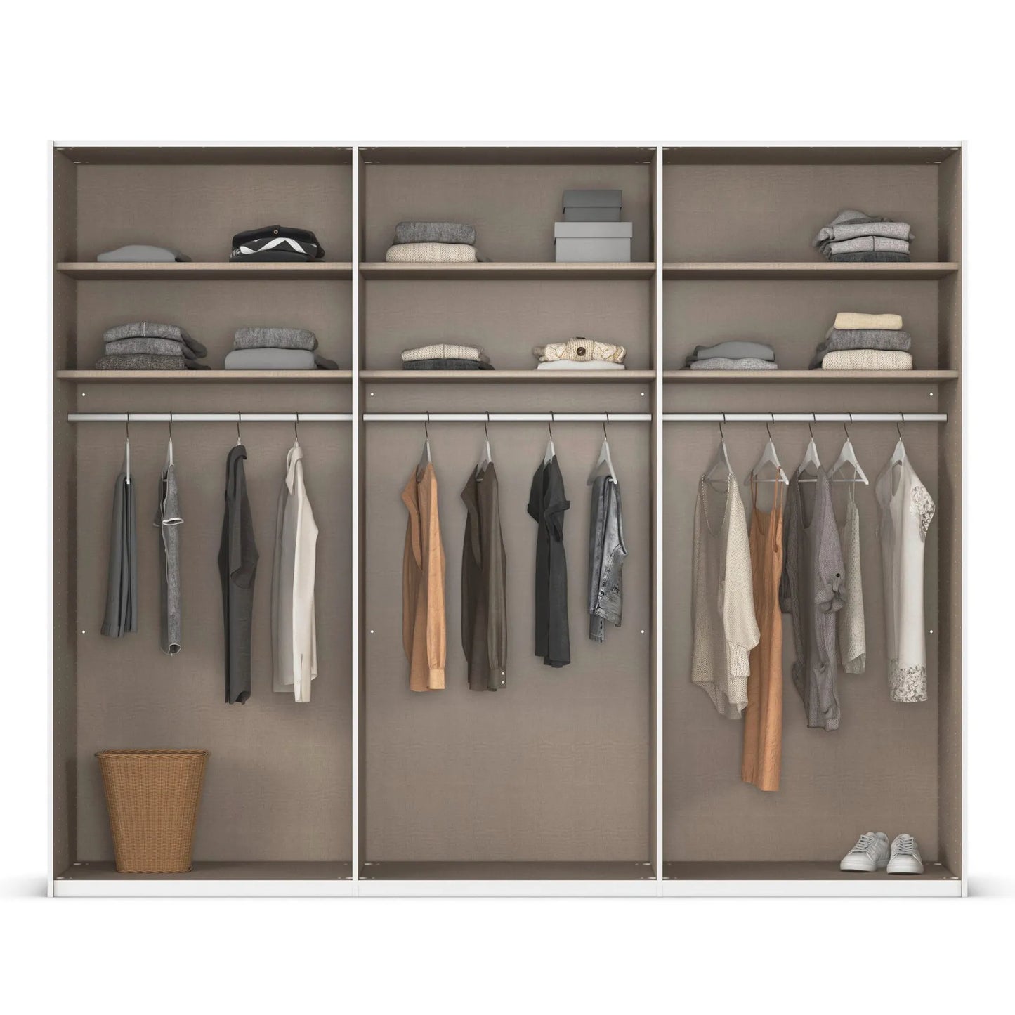 Clothing wardrobe with clothes displayed on hangers.