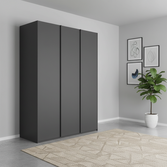 Rauch Symphony Graphite 151cm 3 door wardrobe with graphite long handles, available in 2 height 223 or 235cm