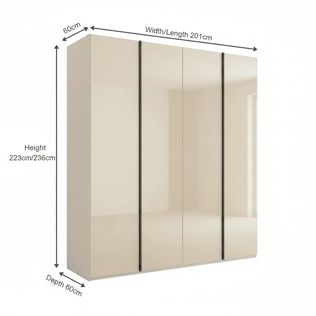 Champagne glass wardrobe with graphite handles and luxury German styling with Dimensions on White background