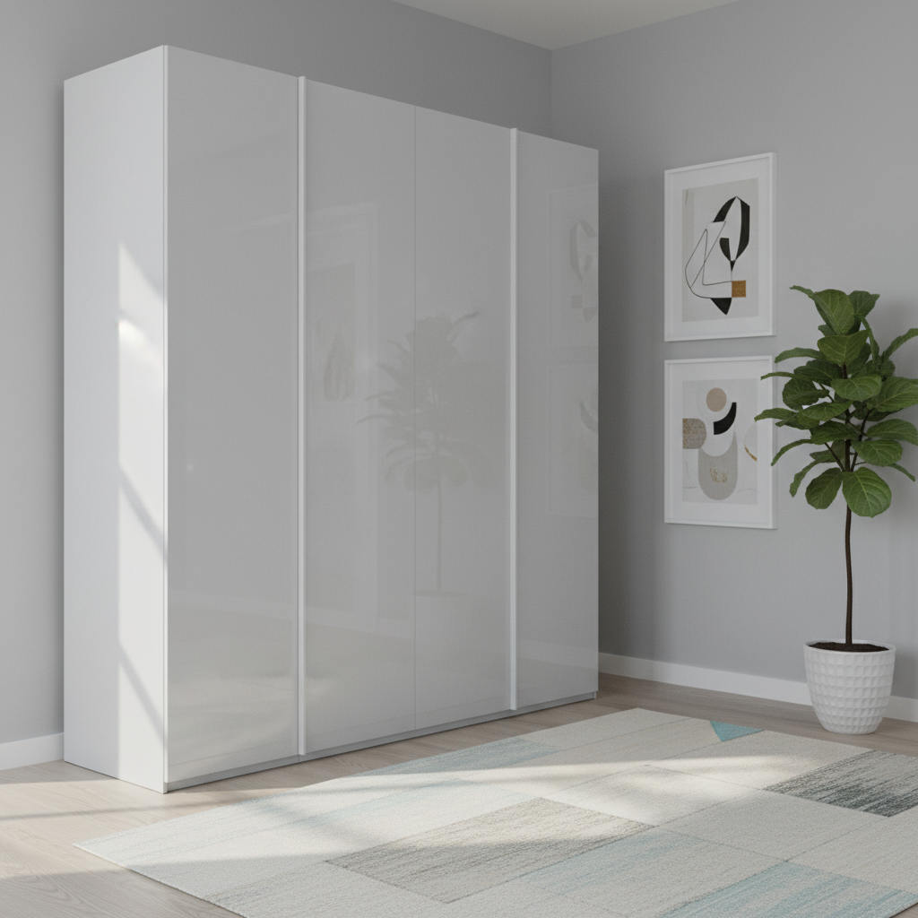 Rauch Symphony Silk Grey Glass 4 Door Wardrobe with full glass doors and integrated handles