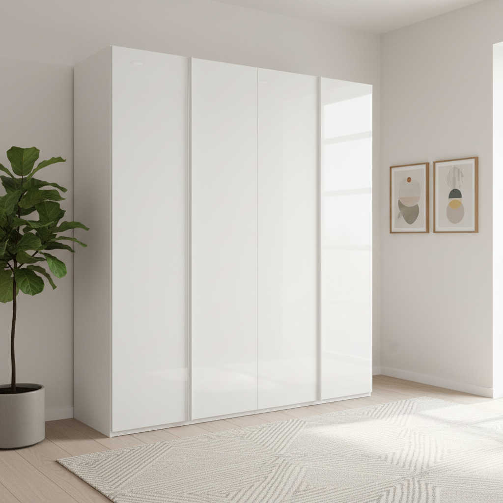 Rauch Symphony White glass wardrobe with full height handle profile and premium storage