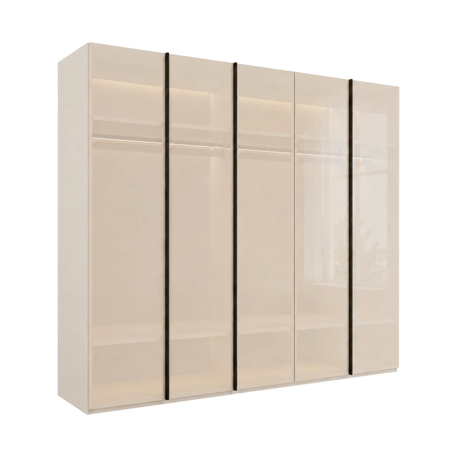 Champagne glass 5 door Symphony wardrobe by Rauch with full height handle profile and premium storage