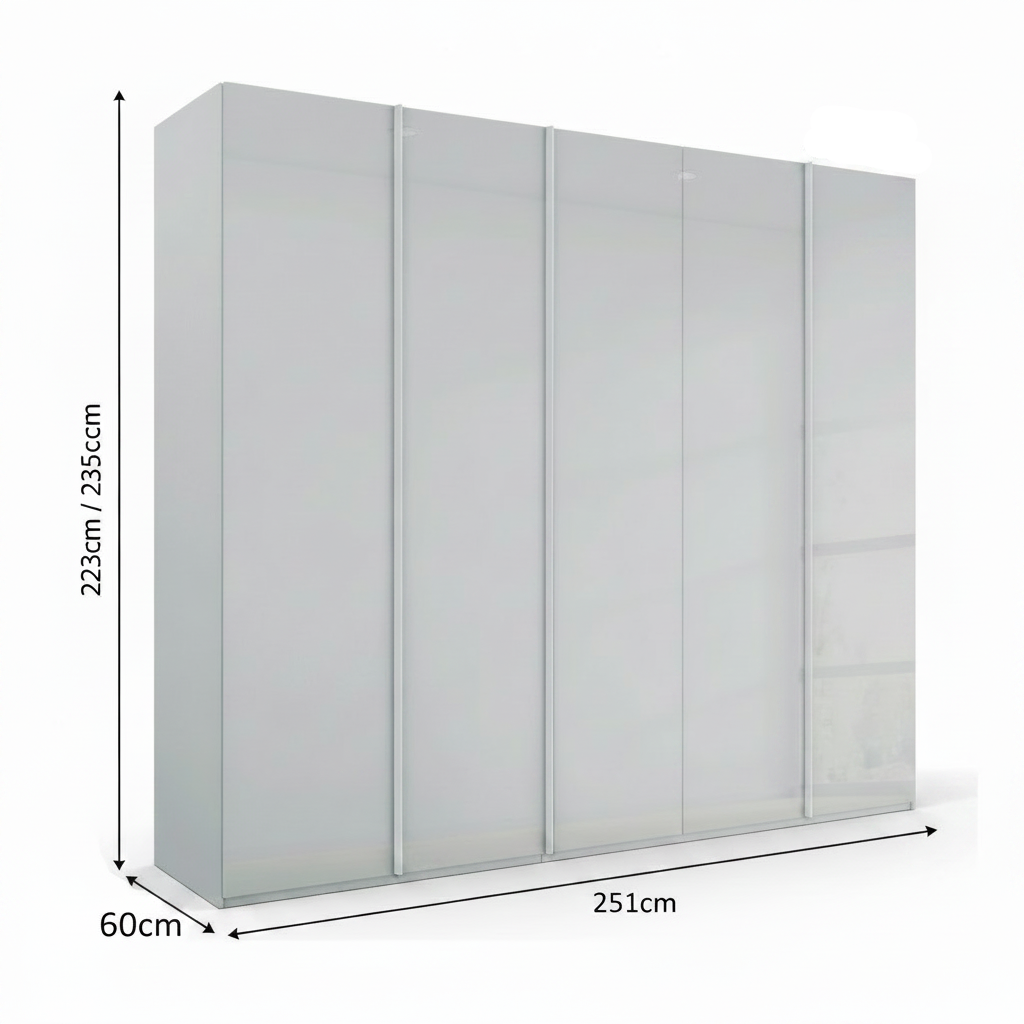 Rauch Symphony 251cm Glass 5 Door Wardrobe with full glass doors and integrated handles with Dimensions on White background