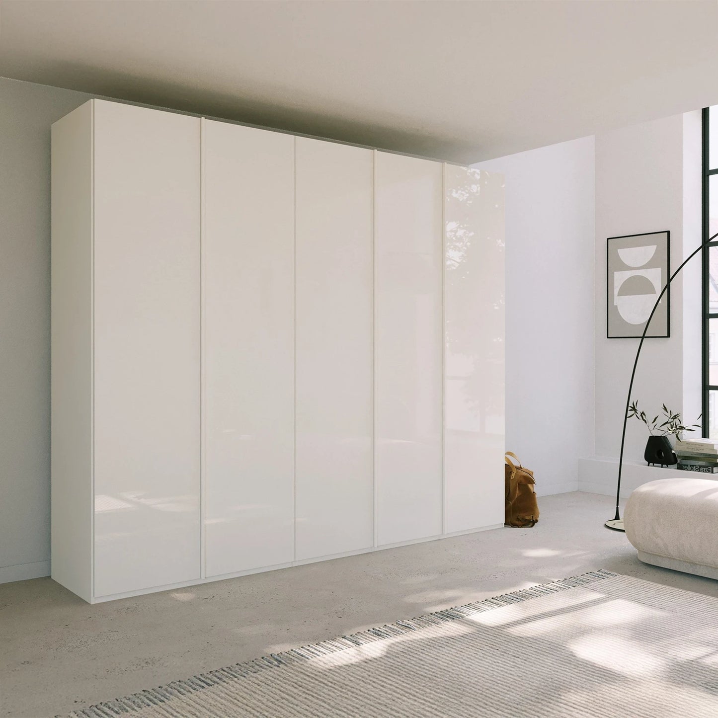 Rauch Symphony 251cm White Glass 5 Door Wardrobe with full glass doors and integrated handles