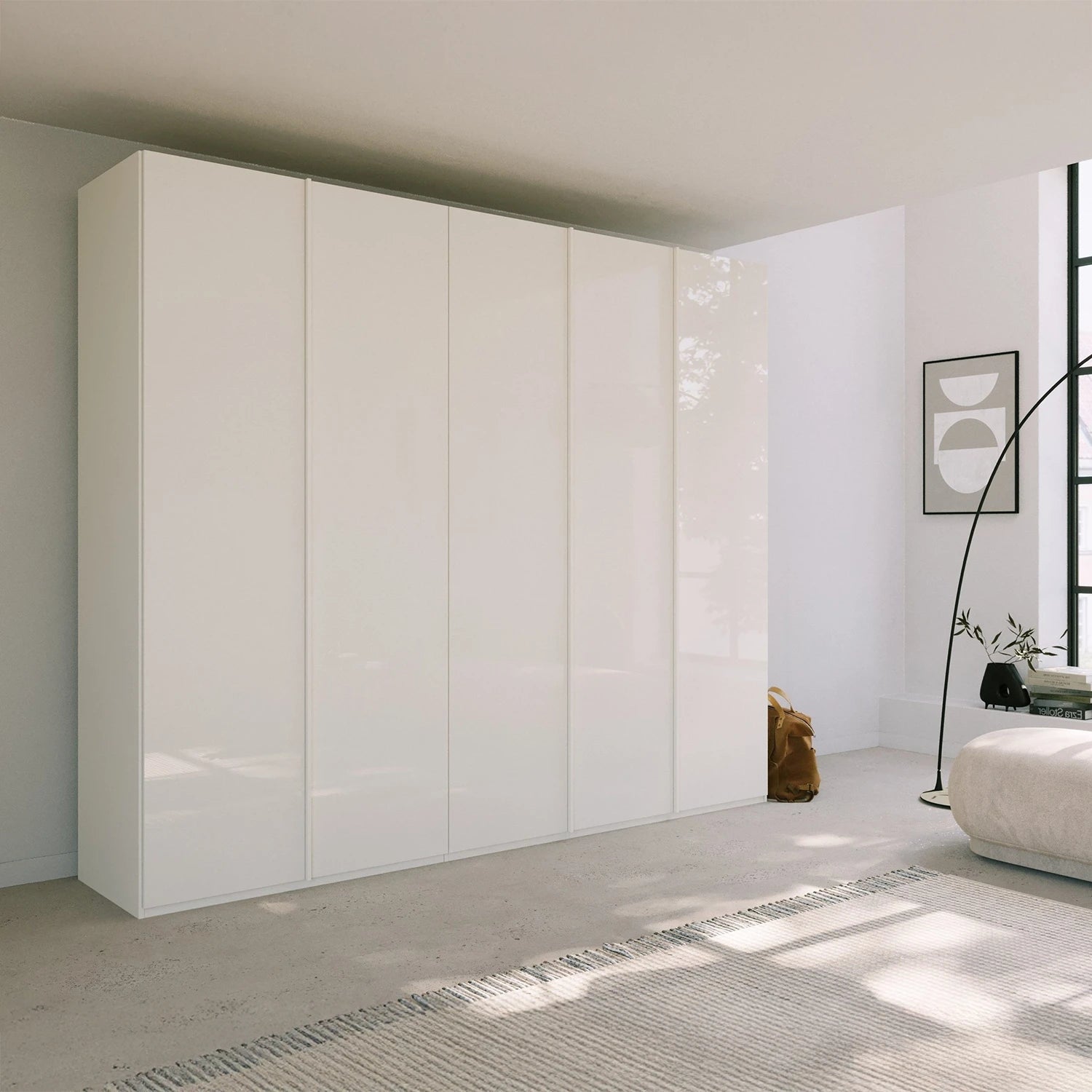Rauch Symphony 251cm White Glass 5 Door Wardrobe with full glass doors and integrated handles