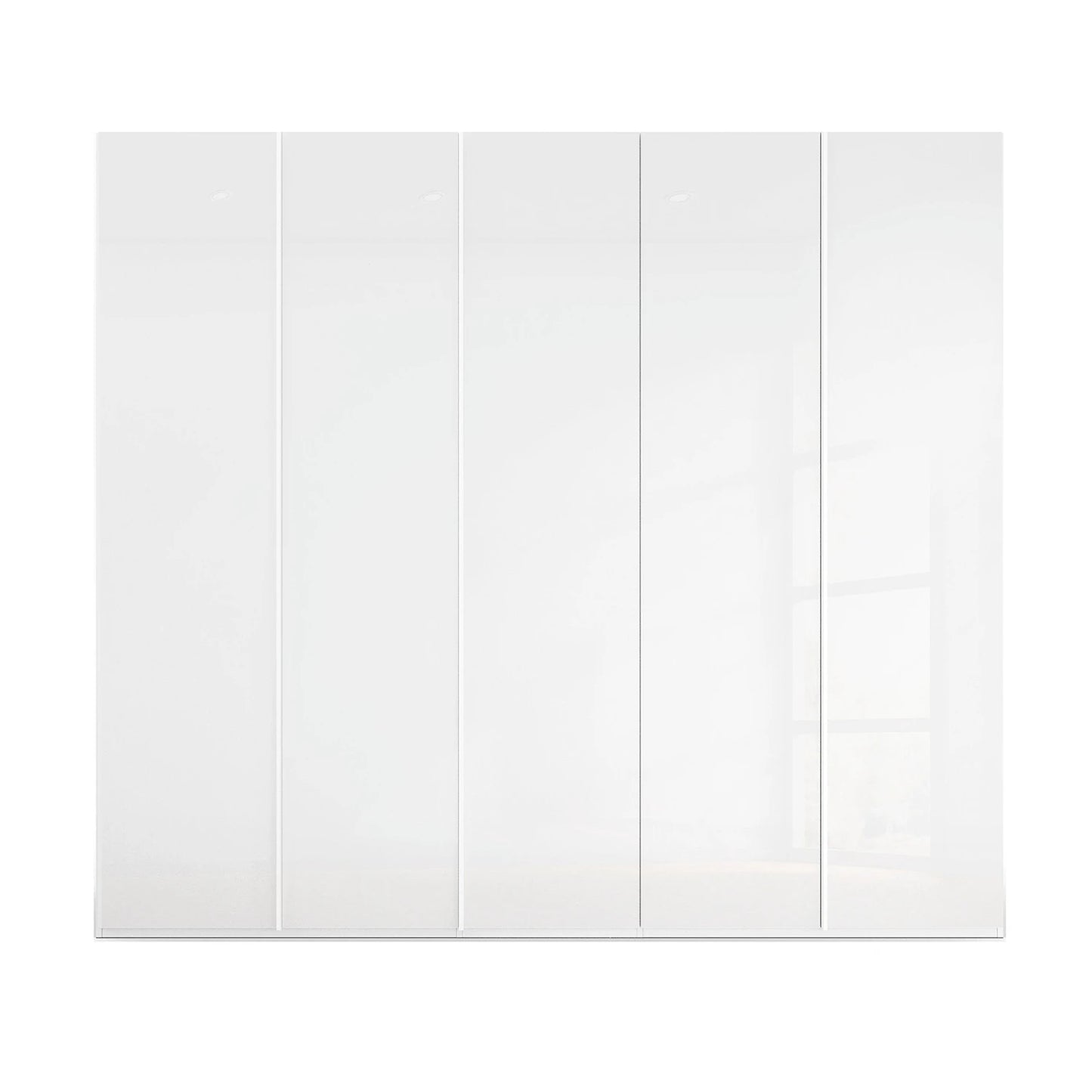 White glass Rauch Symphony 5 door wardrobe with full height handle profile and premium storage