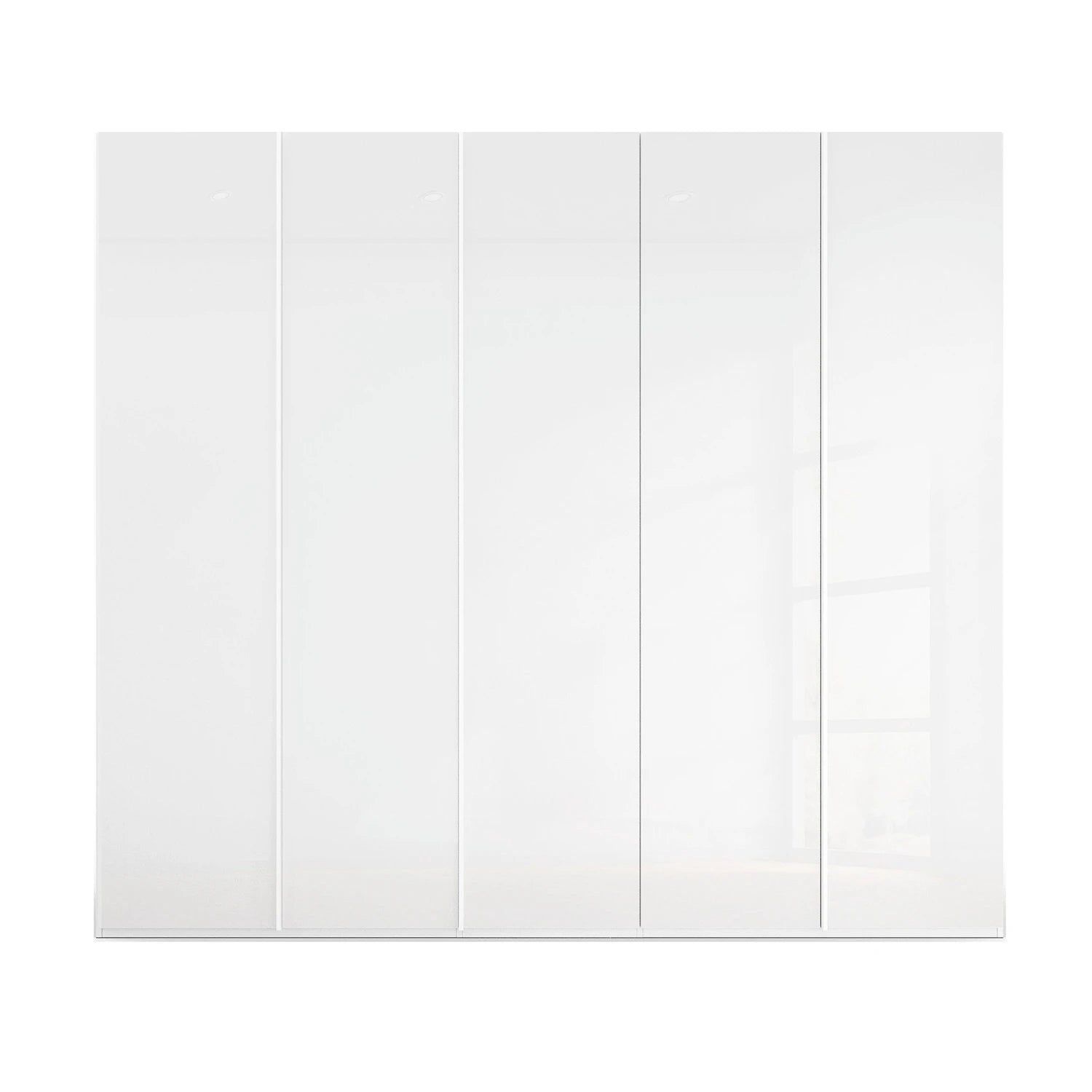 White glass Rauch Symphony 5 door wardrobe with full height handle profile and premium storage