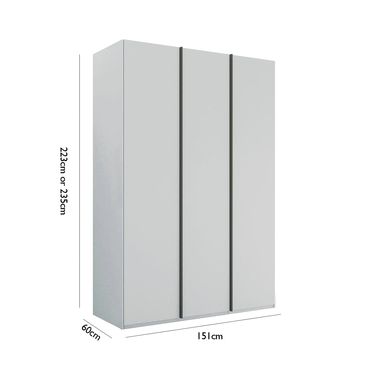 Rauch Symphony White 151cm 3 door wardrobe with graphite long handles, with dimensions on a white background