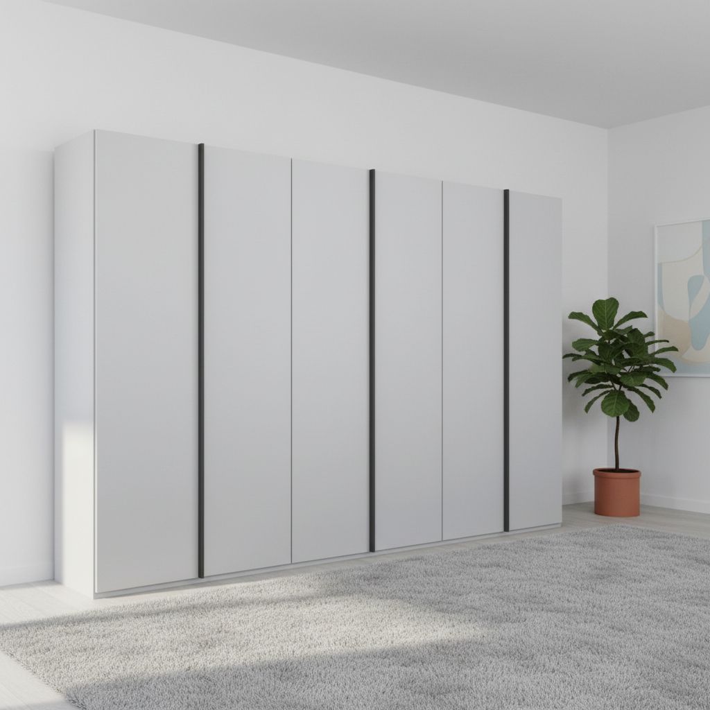 Shop the Rauch Symphony 301cm Decor Silk Grey 6 Door Wardrobe in 4 colours with graphite handles, free assembly and a 10-year warranty.