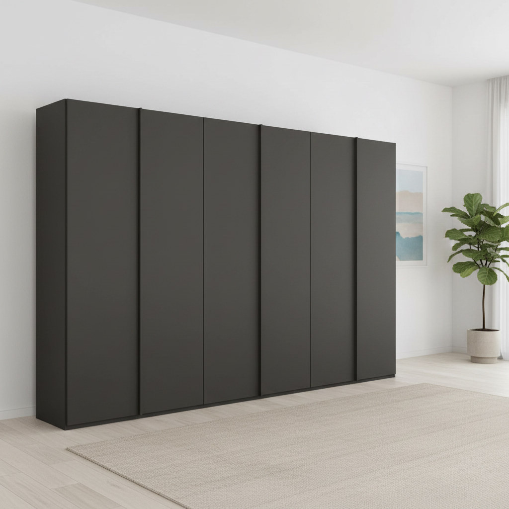 Shop the Rauch Symphony 301cm Decor Graphite 6 Door Wardrobe in 4 colours with graphite handles, free assembly and a 10-year warranty.