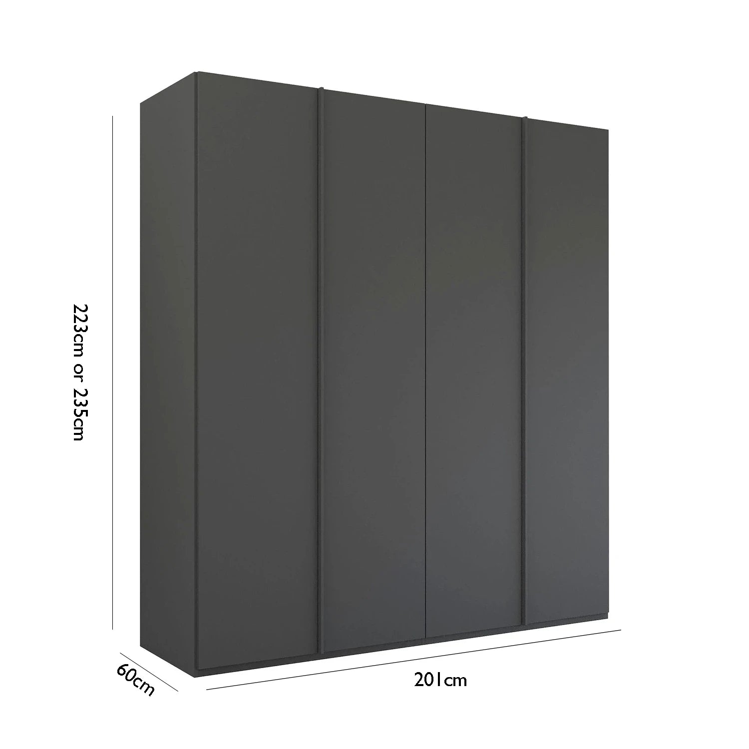 Shop the Rauch Symphony White 201cm 4 Door Wardrobe with graphite handles, with dimensions on a white background
