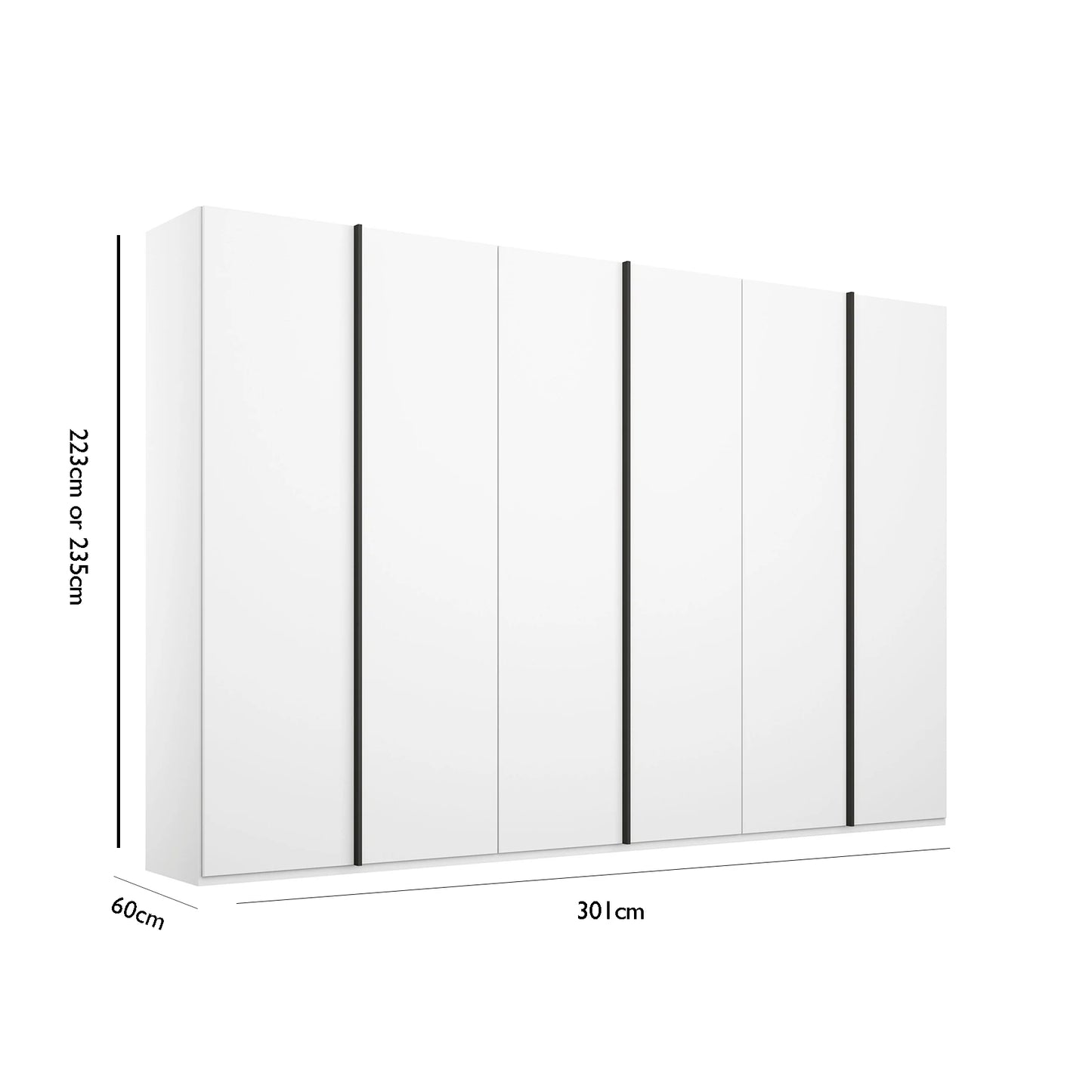 Internal View of Shop the Rauch Symphony 301cm Decor White 6 Door Wardrobe in 4 colours with graphite handles with dimensions indicated on a white background