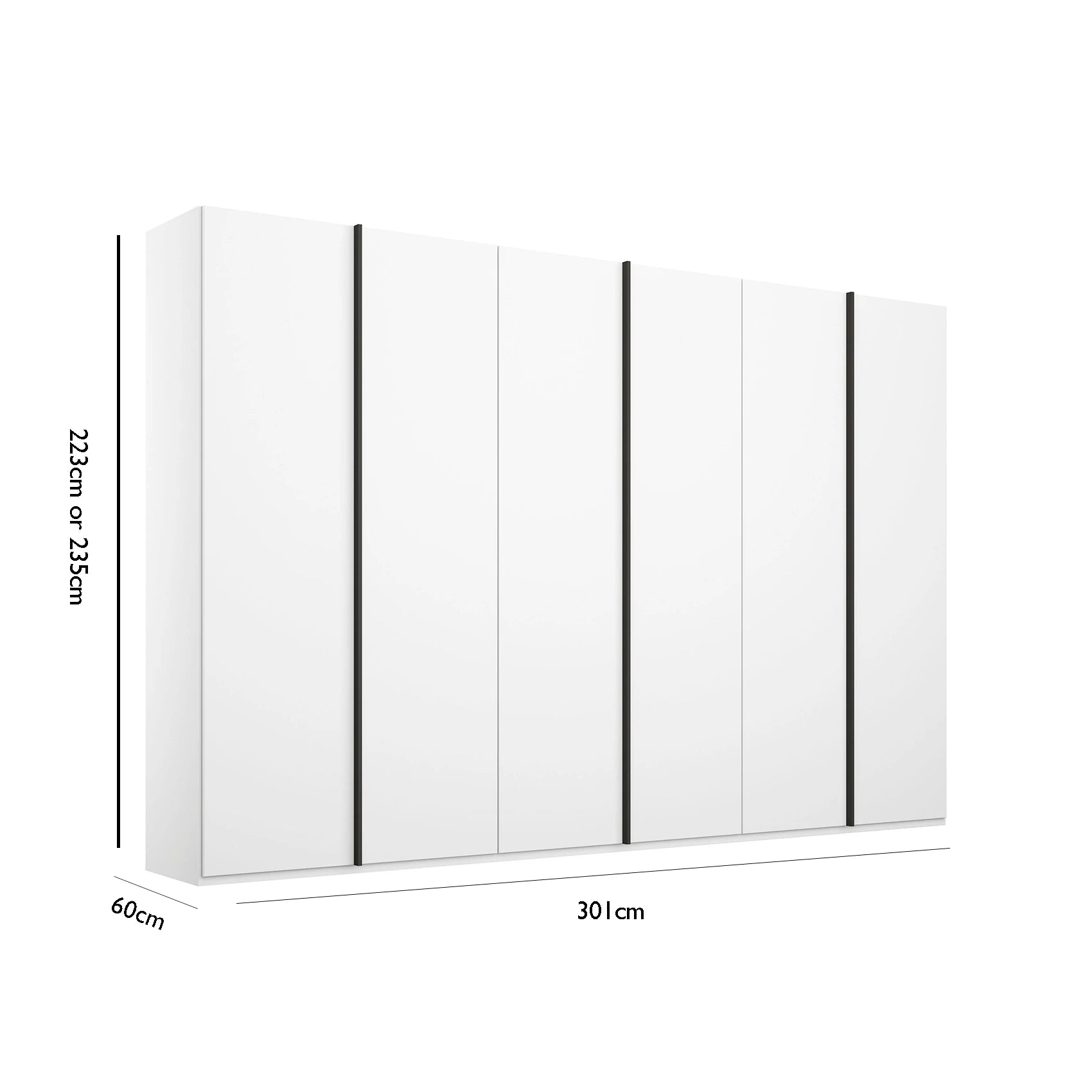 Internal View of Shop the Rauch Symphony 301cm Decor White 6 Door Wardrobe in 4 colours with graphite handles with dimensions indicated on a white background