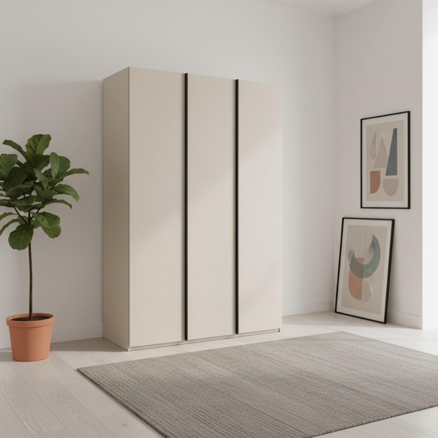 Rauch Symphony Champagne Colour 151cm 3 door wardrobe with graphite long handles, available in 2 height 223 or 235cm