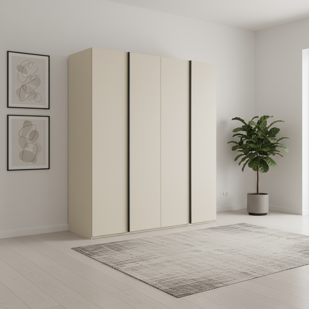 Shop the Rauch Symphony Champagne 201cm 4 Door Wardrobe with graphite handles, free assembly and a 10-year warranty.