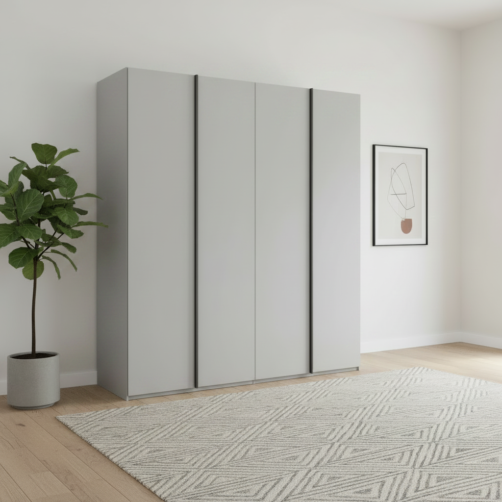 Shop the Rauch Symphony Silk Grey 201cm 4 Door Wardrobe with graphite handles, free assembly and a 10-year warranty.