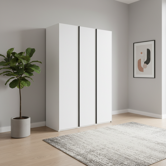 Rauch Symphony White 151cm 3 door wardrobe with graphite long handles, available in 2 height 223 or 235cm